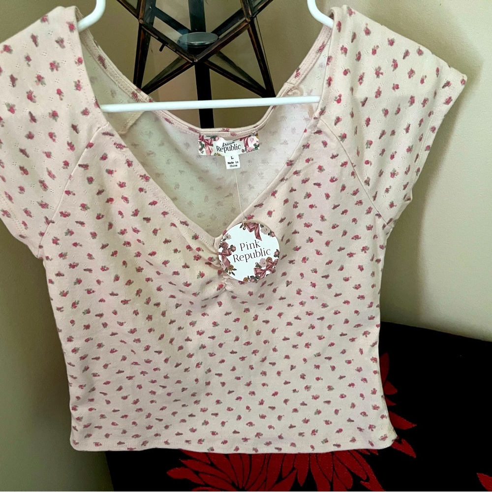 Pink Republic Pink Pointelle Short Sleeve Baby Tee with Pink Floral Design